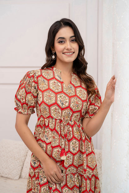 Women Red Printed Flared Dress | LASVINI - Redefining Indian Fashion with Elegance