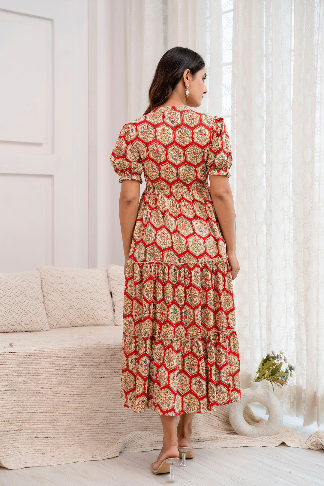 Women Red Printed Flared Dress | LASVINI - Redefining Indian Fashion with Elegance