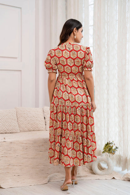 Women Red Printed Flared Dress | LASVINI - Redefining Indian Fashion with Elegance