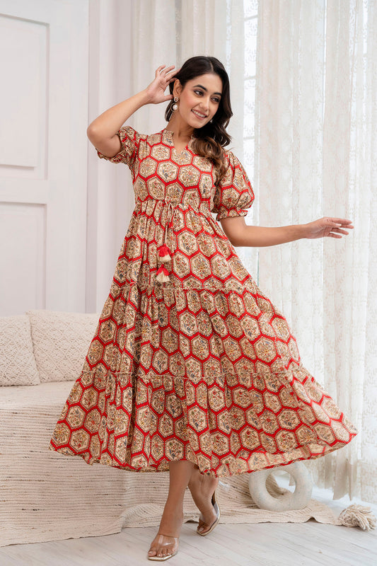 Women Red Printed Flared Dress | LASVINI - Redefining Indian Fashion with Elegance