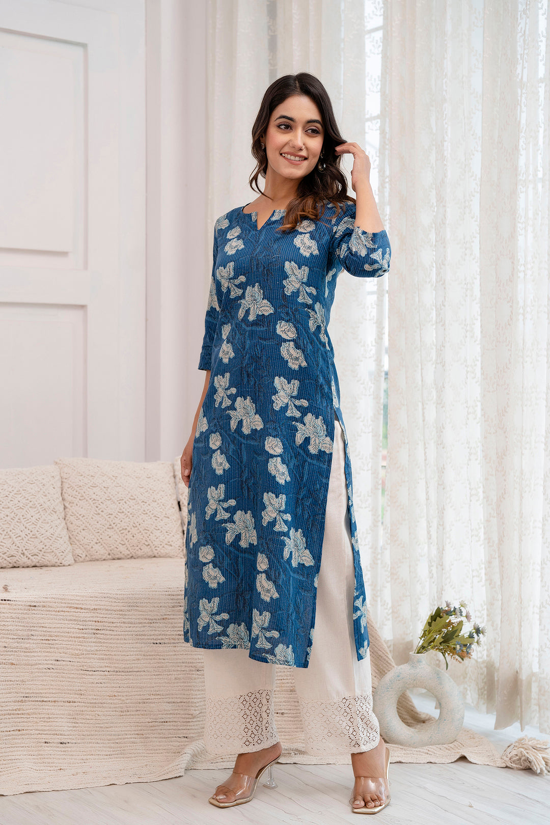 Women Blue Printed Straight Kurta With Three Quarter Sleeves | LASVINI - Redefining Indian Fashion with Elegance