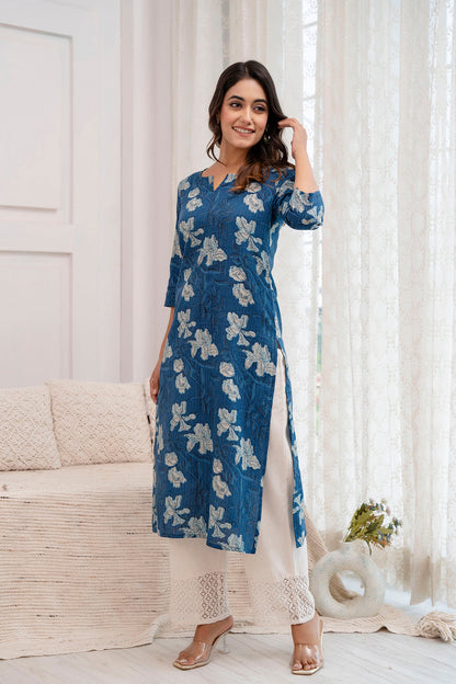 Women Blue Printed Straight Kurta With Three Quarter Sleeves | LASVINI - Redefining Indian Fashion with Elegance