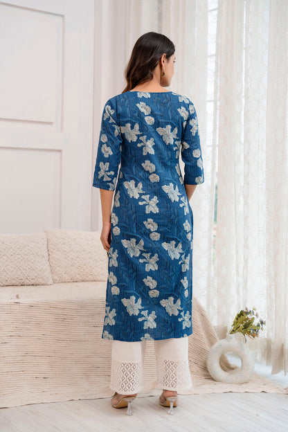 Women Blue Printed Straight Kurta With Three Quarter Sleeves | LASVINI - Redefining Indian Fashion with Elegance