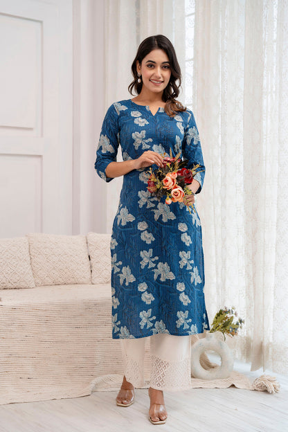 Women Blue Printed Straight Kurta With Three Quarter Sleeves | LASVINI - Redefining Indian Fashion with Elegance