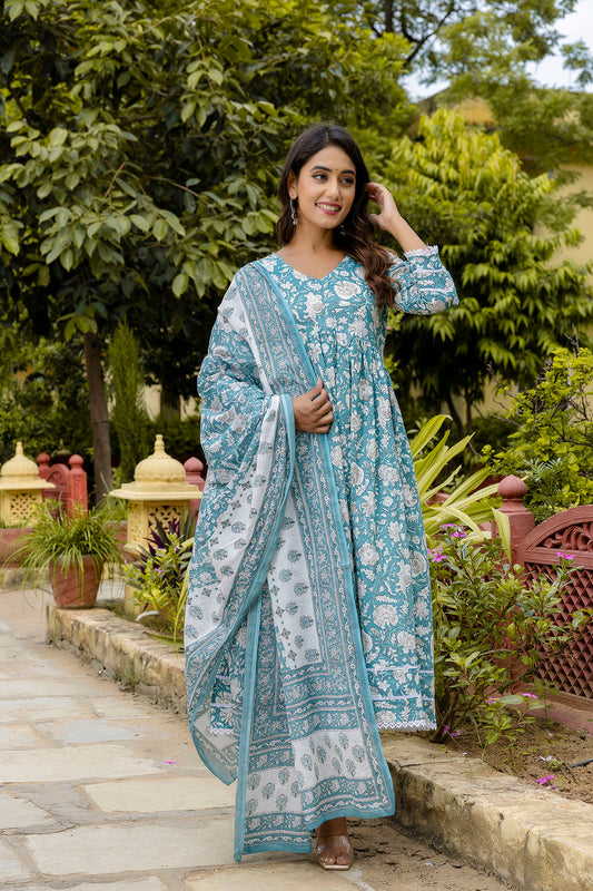 Blue Printed Anarkali Kurta Set With Dupatta For Women | LASVINI - Redefining Indian Fashion with Elegance