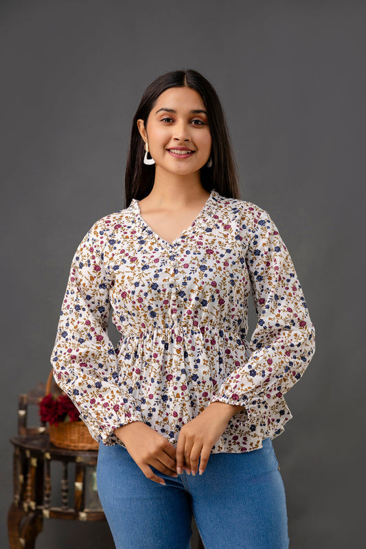 Women Off White Printed V-Neck Peplum Tunic | LASVINI - Redefining Indian Fashion with Elegance