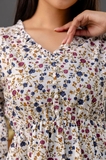 Women Off White Printed V-Neck Peplum Tunic | LASVINI - Redefining Indian Fashion with Elegance