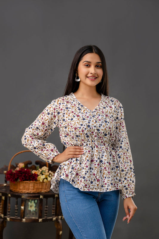 Women Off White Printed V-Neck Peplum Tunic | LASVINI - Redefining Indian Fashion with Elegance