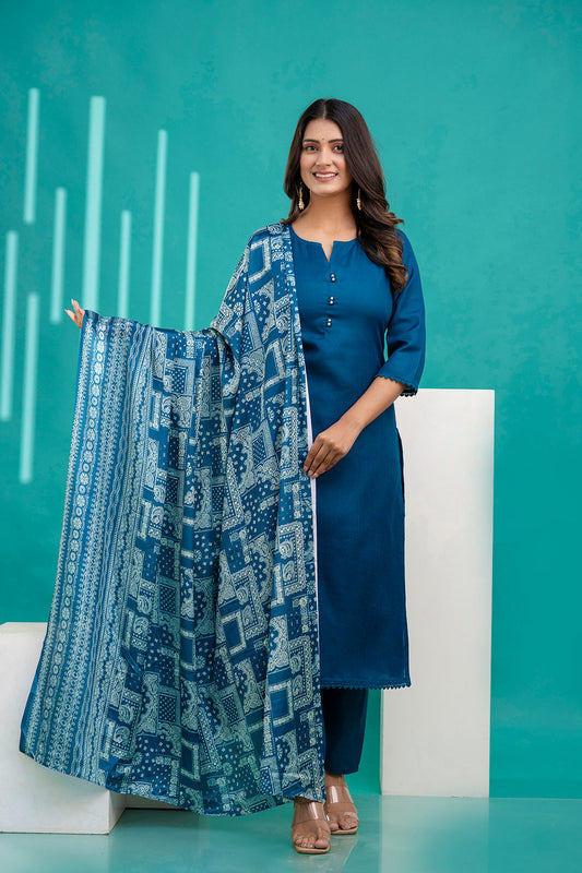 Teal Blue Straight Kurta Set With Printed Dupatta for Women | LASVINI - Redefining Indian Fashion with Elegance