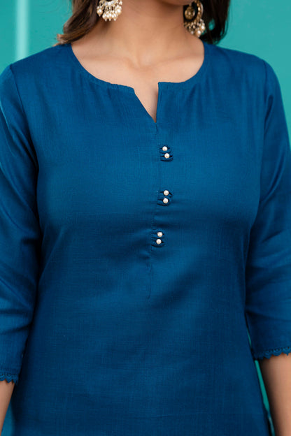 Teal Blue Straight Kurta Set With Printed Dupatta for Women | LASVINI - Redefining Indian Fashion with Elegance