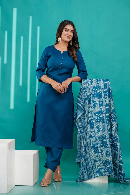 Teal Blue Straight Kurta Set With Printed Dupatta for Women | LASVINI - Redefining Indian Fashion with Elegance