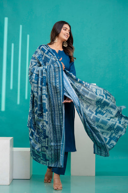 Teal Blue Straight Kurta Set With Printed Dupatta for Women | LASVINI - Redefining Indian Fashion with Elegance