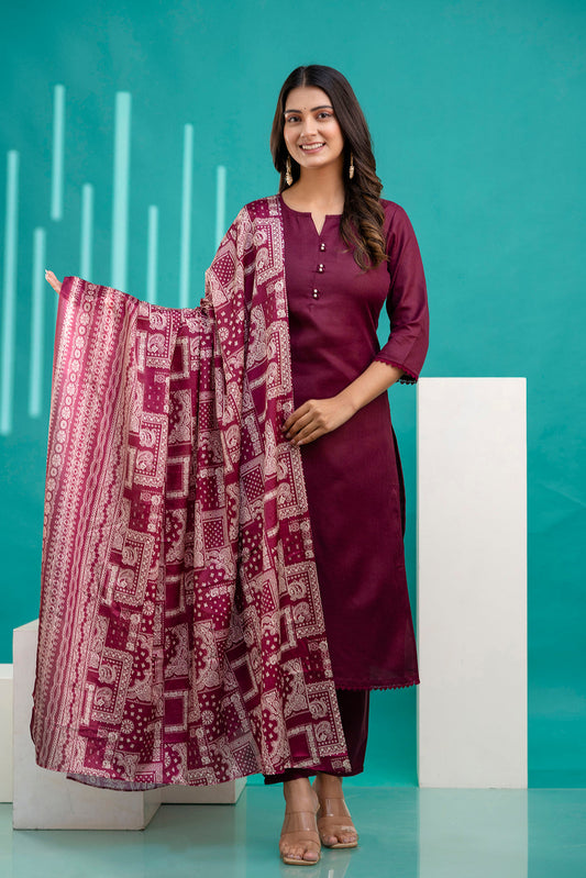 Burgundy Straight Kurta Set With Printed Dupatta for Women | LASVINI - Redefining Indian Fashion with Elegance