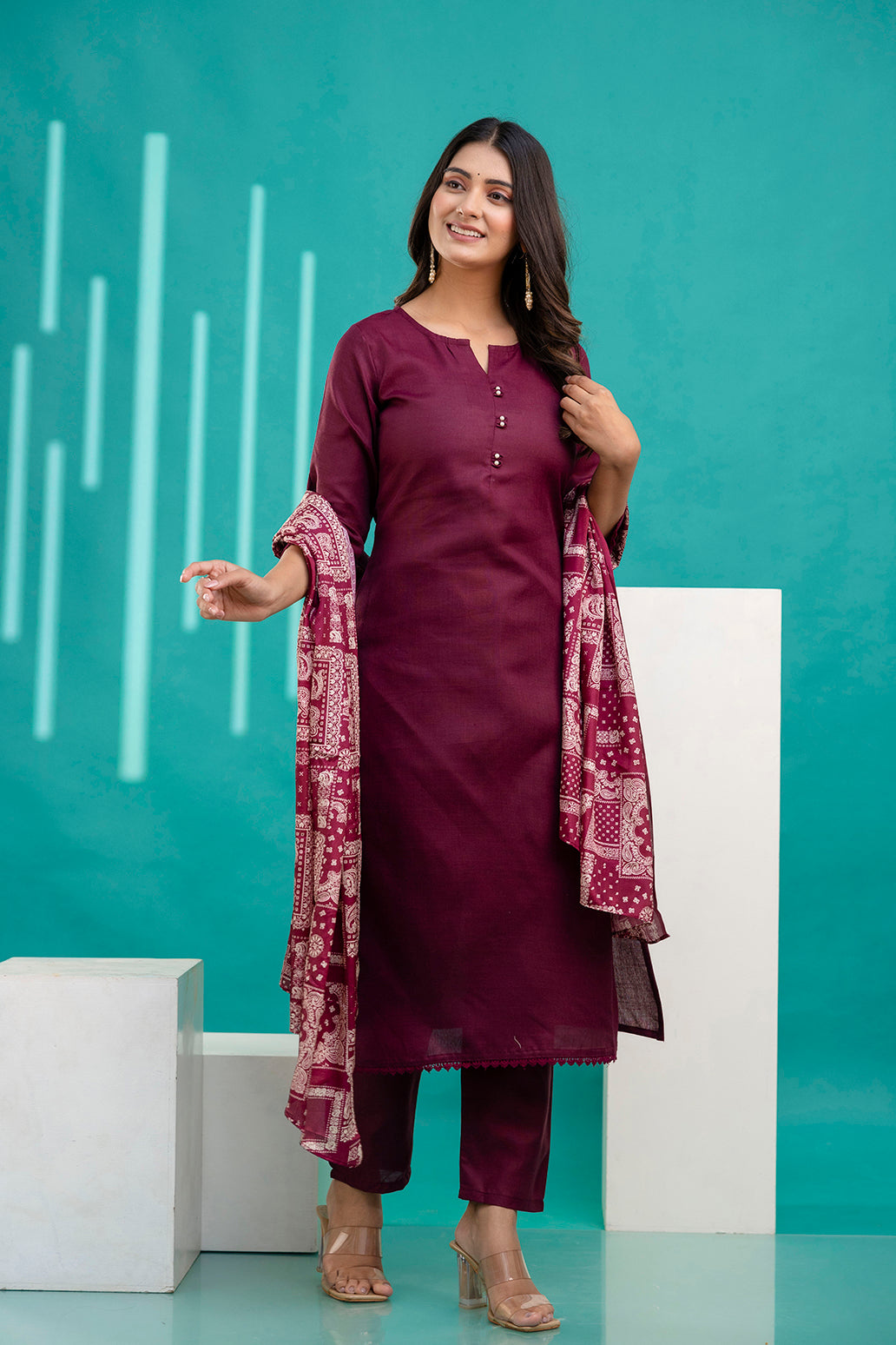 Burgundy Straight Kurta Set With Printed Dupatta for Women | LASVINI - Redefining Indian Fashion with Elegance