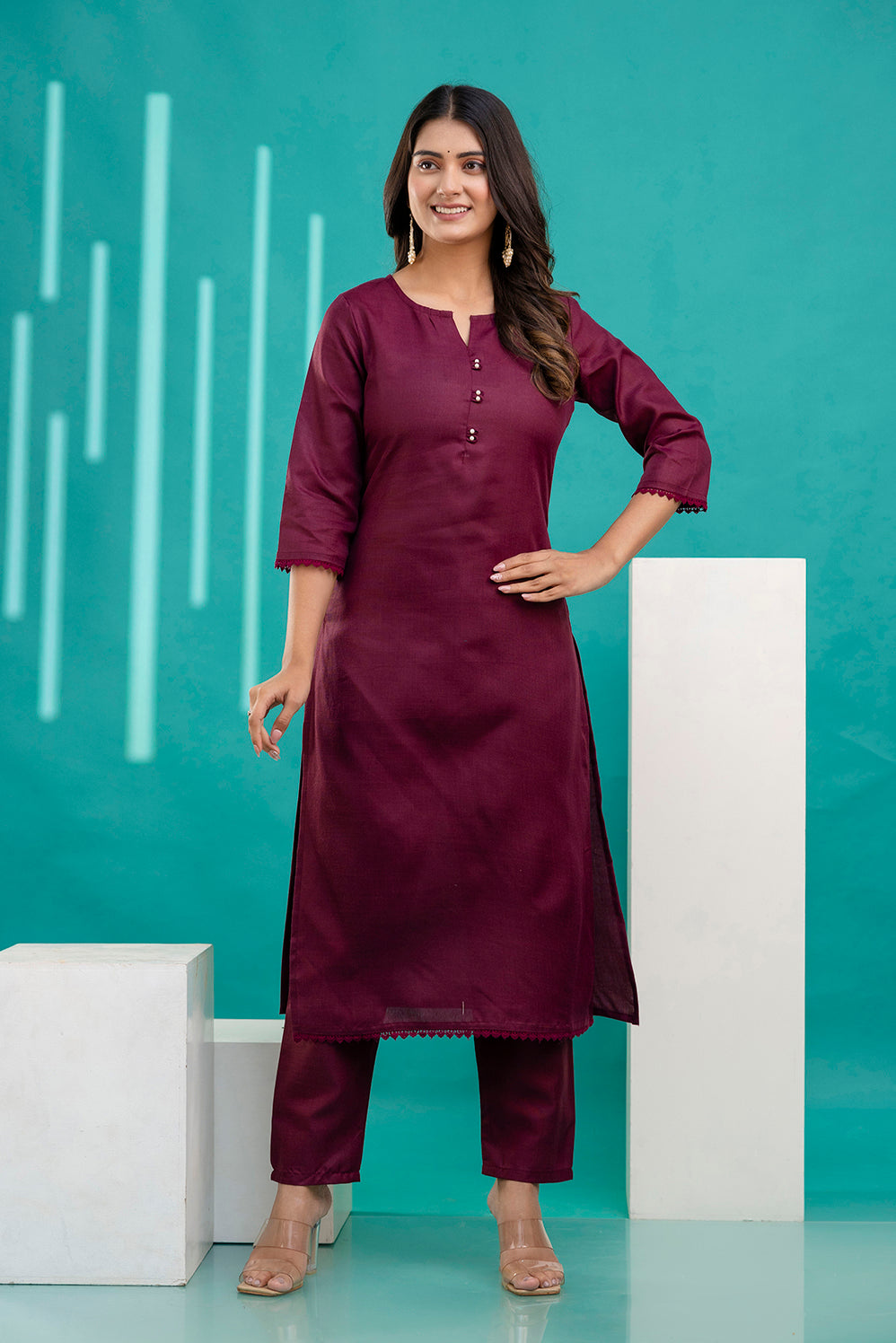 Burgundy Straight Kurta Set With Printed Dupatta for Women | LASVINI - Redefining Indian Fashion with Elegance