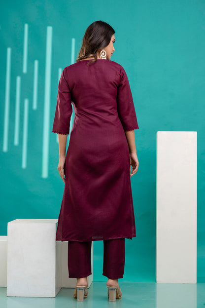 Burgundy Straight Kurta Set With Printed Dupatta for Women | LASVINI - Redefining Indian Fashion with Elegance