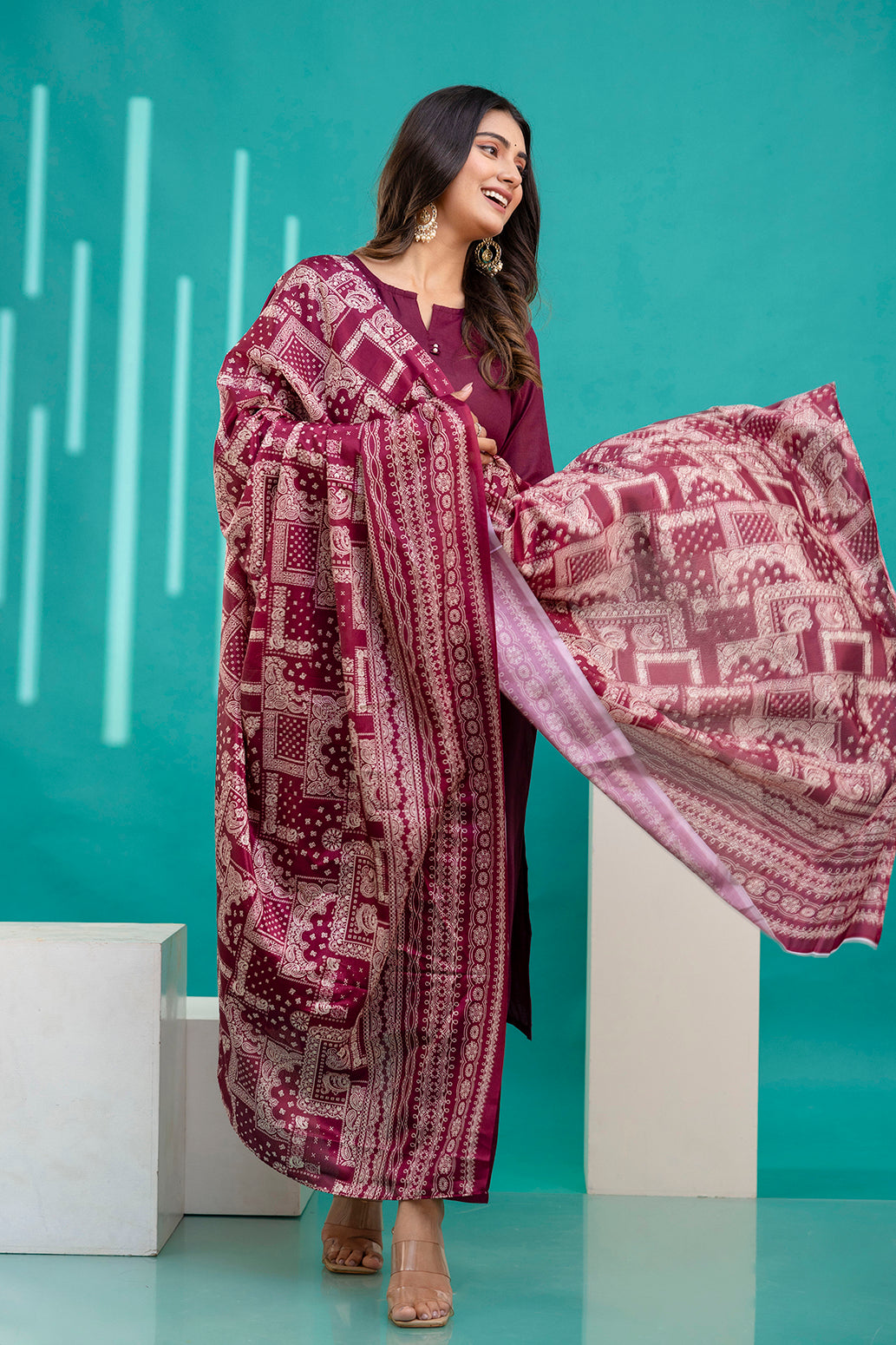 Burgundy Straight Kurta Set With Printed Dupatta for Women | LASVINI - Redefining Indian Fashion with Elegance
