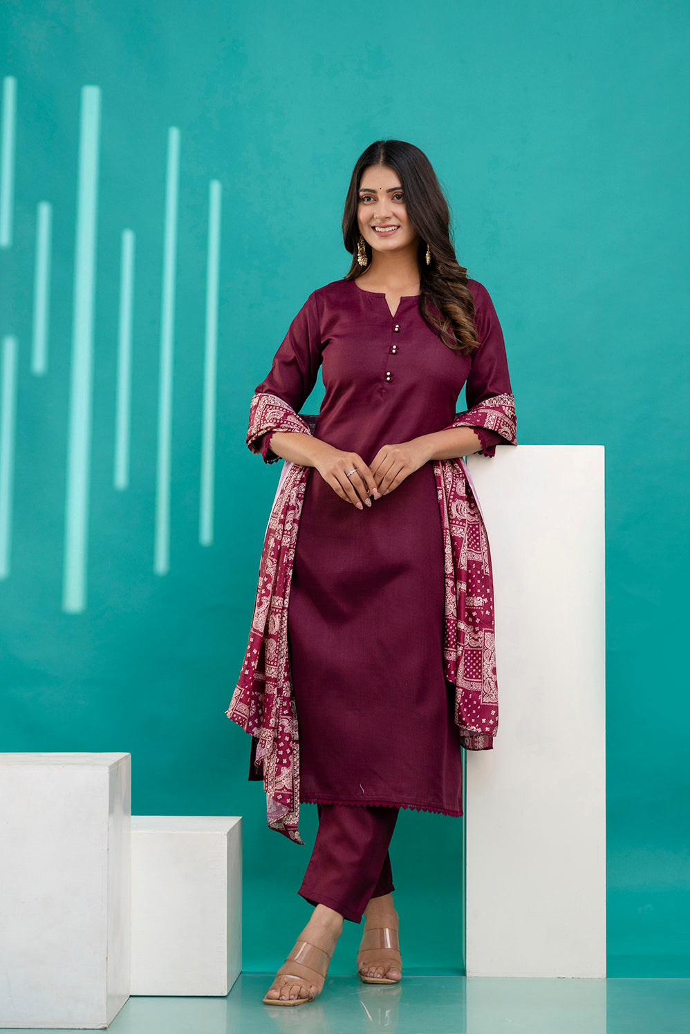 Burgundy Straight Kurta Set With Printed Dupatta for Women | LASVINI - Redefining Indian Fashion with Elegance