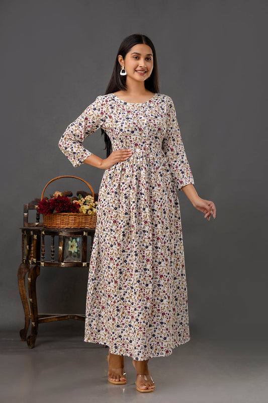 Women Off White Printed Flared Dress | LASVINI - Redefining Indian Fashion with Elegance