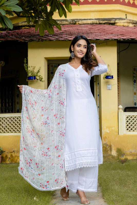 Pure White Straight Kurta Set With Printed Dupatta | LASVINI - Redefining Indian Fashion with Elegance