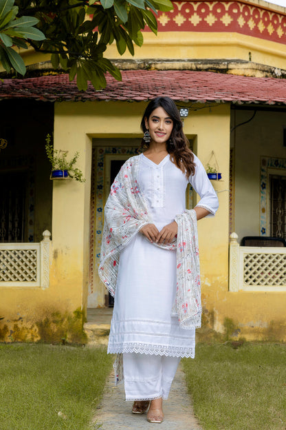 Pure White Straight Kurta Set With Printed Dupatta | LASVINI - Redefining Indian Fashion with Elegance
