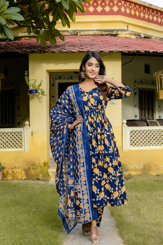 Navy Blue Printed Anarkali Kurta Set With Dupatta For Women | LASVINI - Redefining Indian Fashion with Elegance