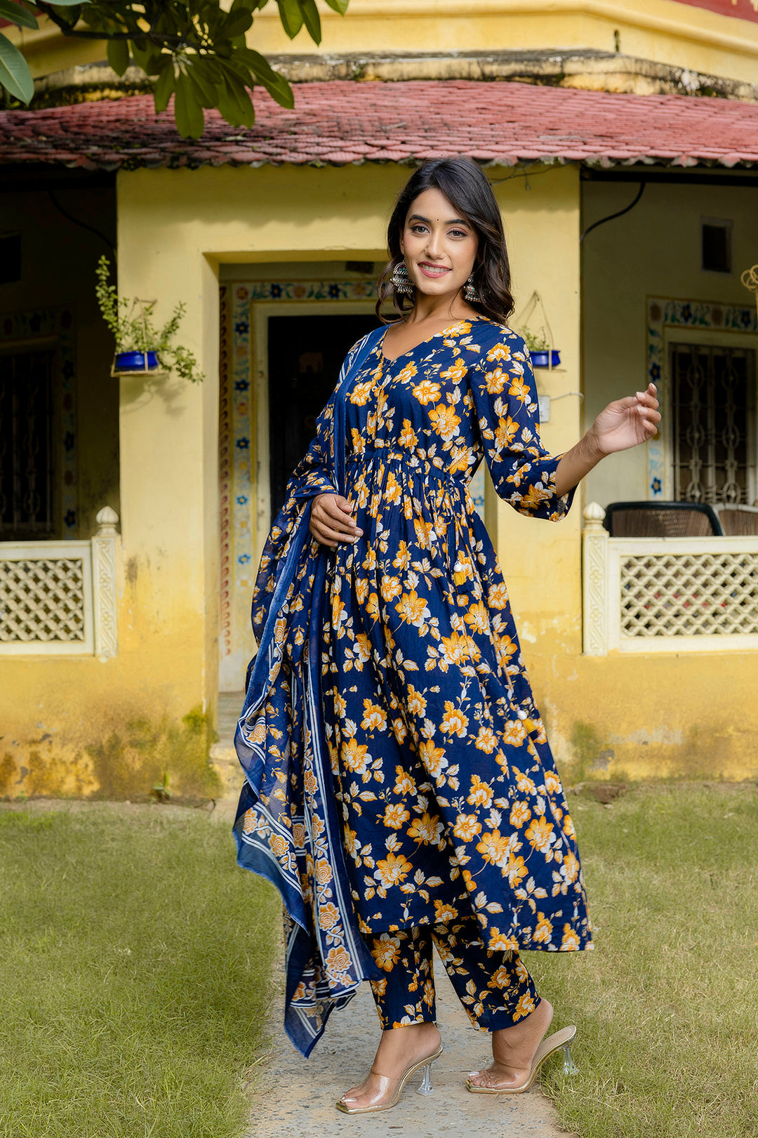 Navy Blue Printed Anarkali Kurta Set With Dupatta For Women | LASVINI - Redefining Indian Fashion with Elegance