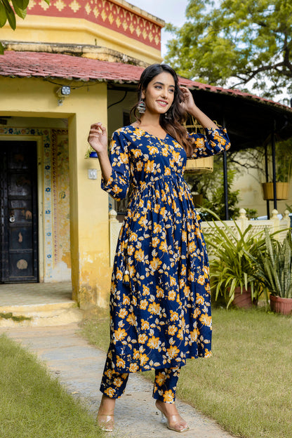 Navy Blue Printed Anarkali Kurta Set With Dupatta For Women | LASVINI - Redefining Indian Fashion with Elegance