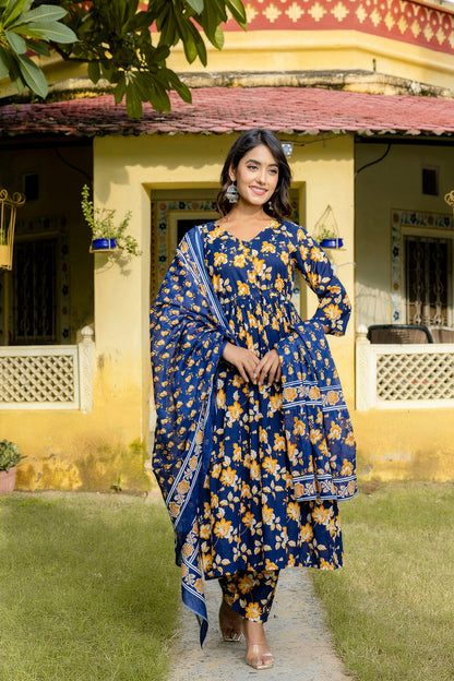 Navy Blue Printed Anarkali Kurta Set With Dupatta For Women | LASVINI - Redefining Indian Fashion with Elegance