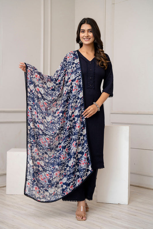 Navy Blue Straight Kurta Set With Printed Dupatta for Women | LASVINI - Redefining Indian Fashion with Elegance