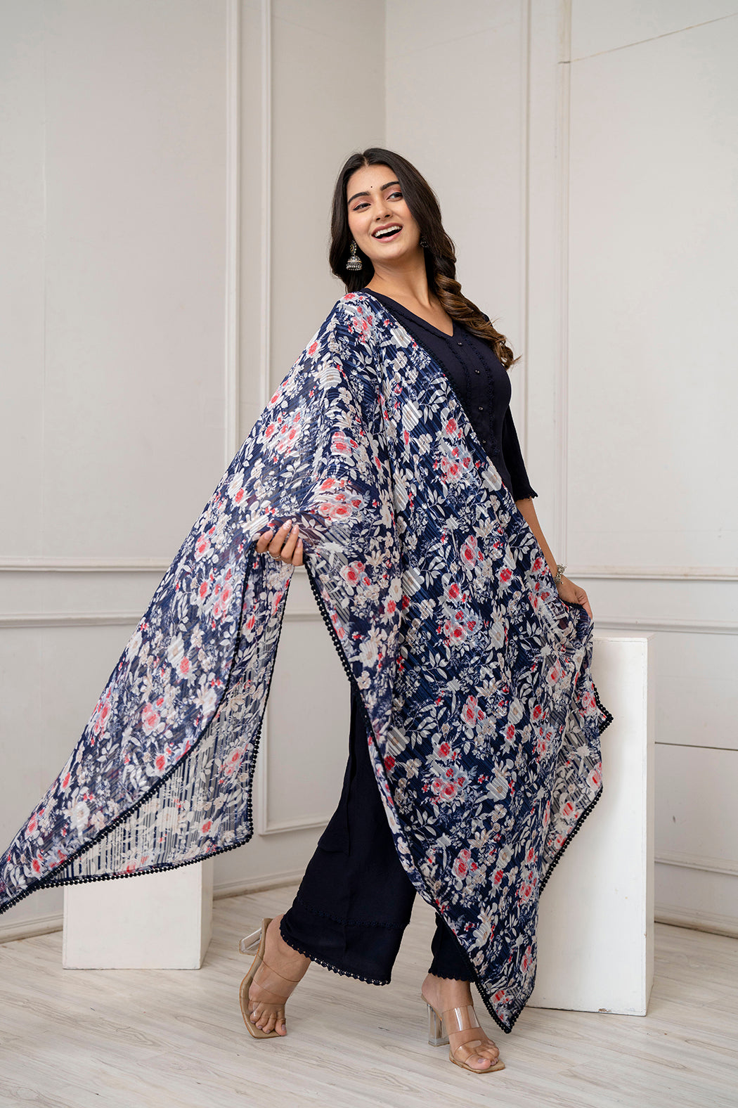 Navy Blue Straight Kurta Set With Printed Dupatta for Women | LASVINI - Redefining Indian Fashion with Elegance