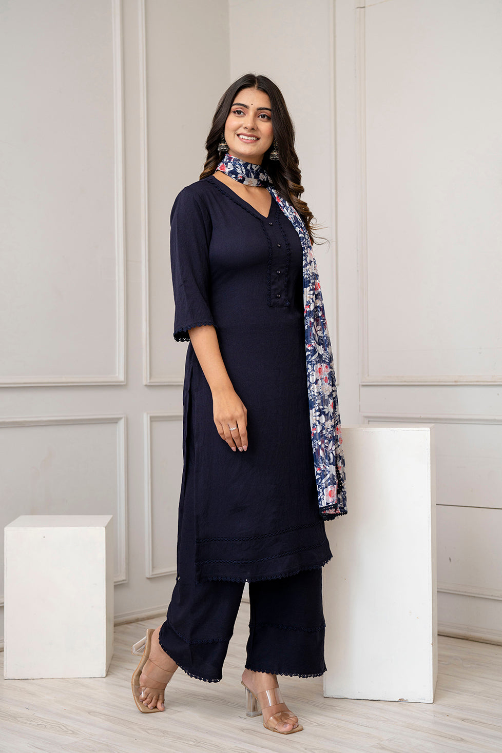 Navy Blue Straight Kurta Set With Printed Dupatta for Women | LASVINI - Redefining Indian Fashion with Elegance