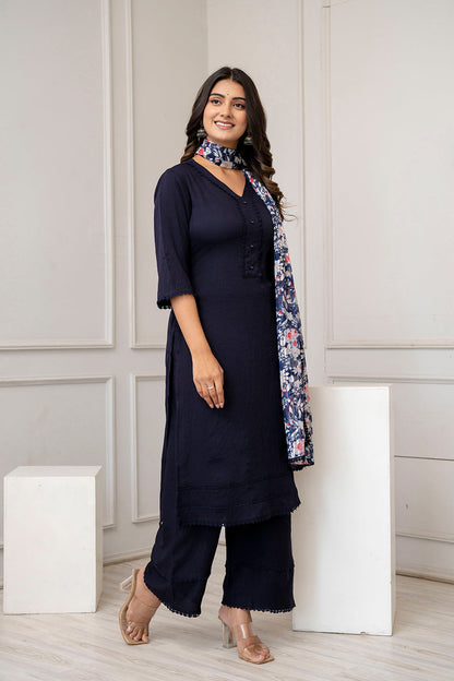 Navy Blue Straight Kurta Set With Printed Dupatta for Women | LASVINI - Redefining Indian Fashion with Elegance