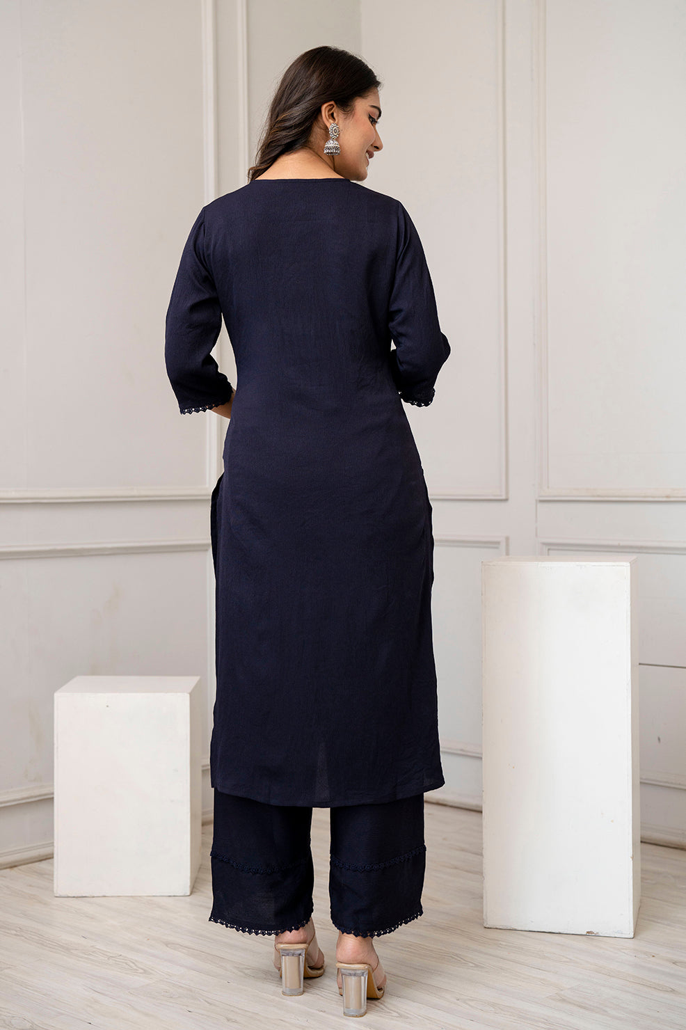 Navy Blue Straight Kurta Set With Printed Dupatta for Women | LASVINI - Redefining Indian Fashion with Elegance