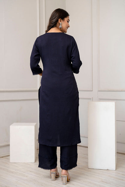 Navy Blue Straight Kurta Set With Printed Dupatta for Women | LASVINI - Redefining Indian Fashion with Elegance