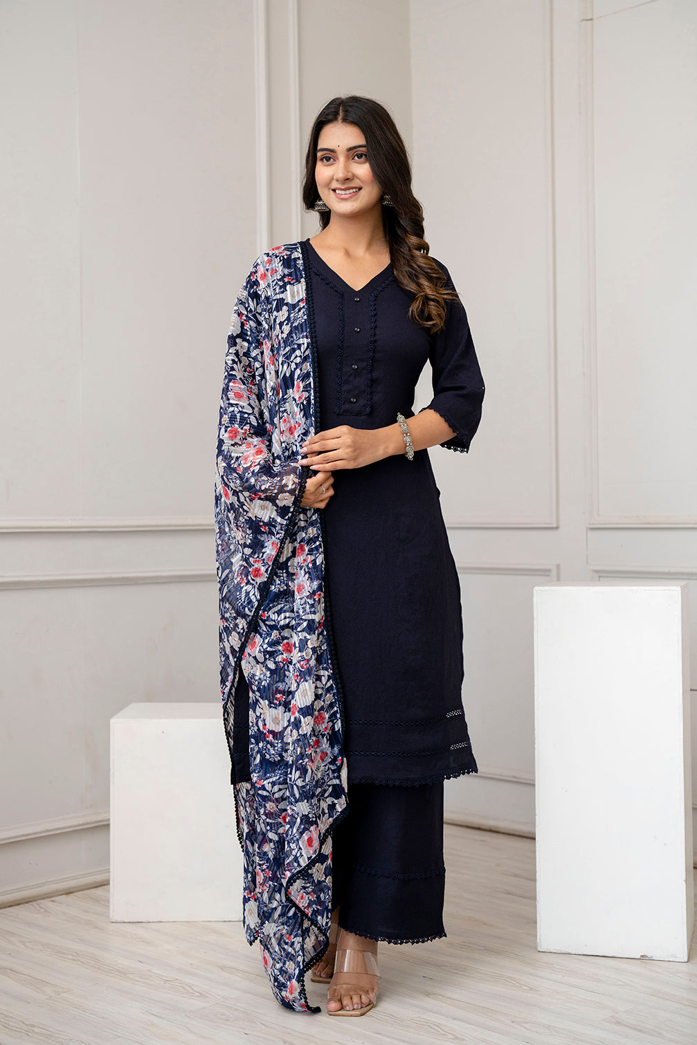 Navy Blue Straight Kurta Set With Printed Dupatta for Women | LASVINI - Redefining Indian Fashion with Elegance