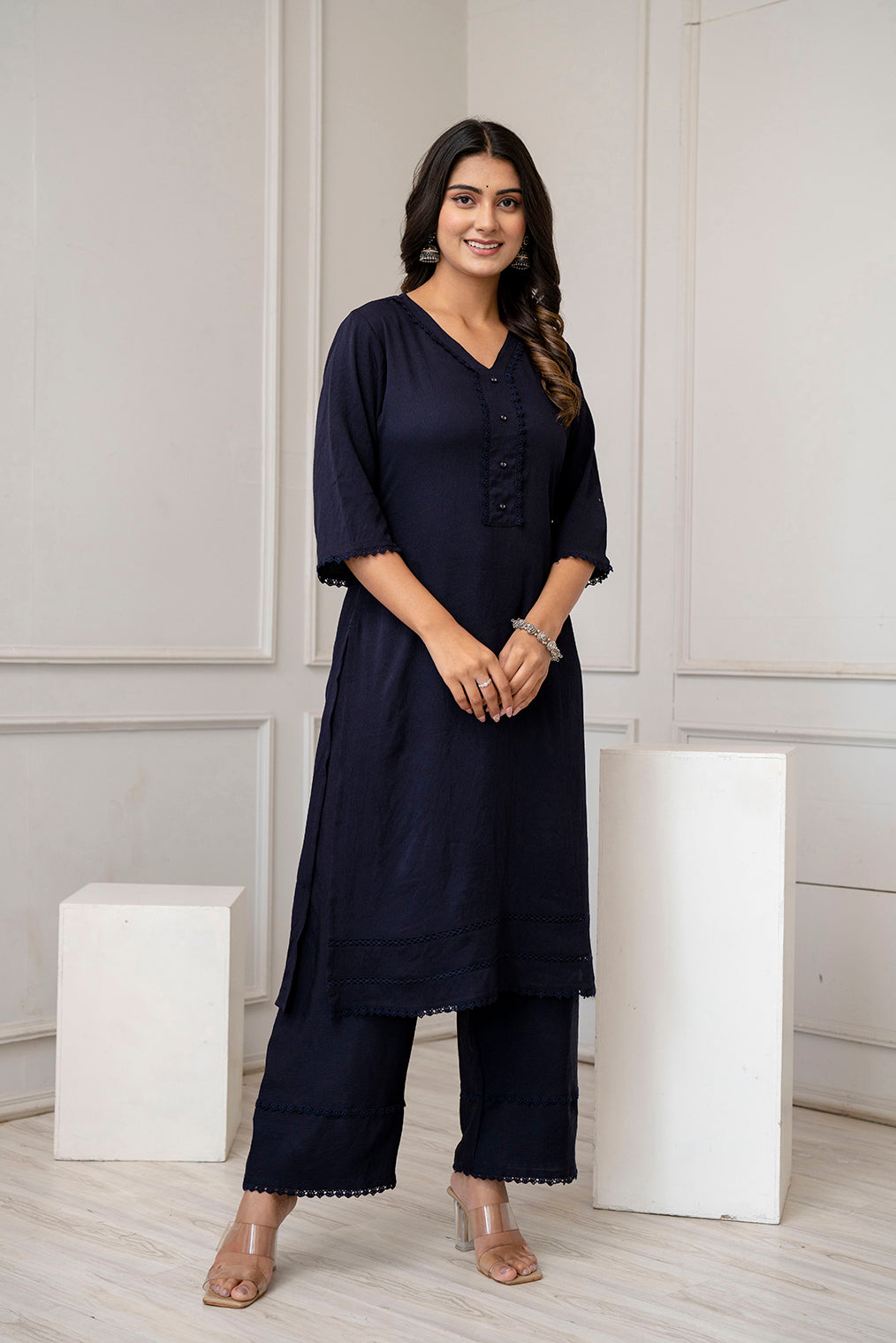 Navy Blue Straight Kurta Set With Printed Dupatta for Women | LASVINI - Redefining Indian Fashion with Elegance