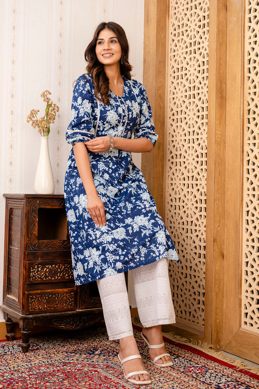 Navy Blue Printed Straight Kurta With Three Quarter Sleeves | LASVINI - Redefining Indian Fashion with Elegance