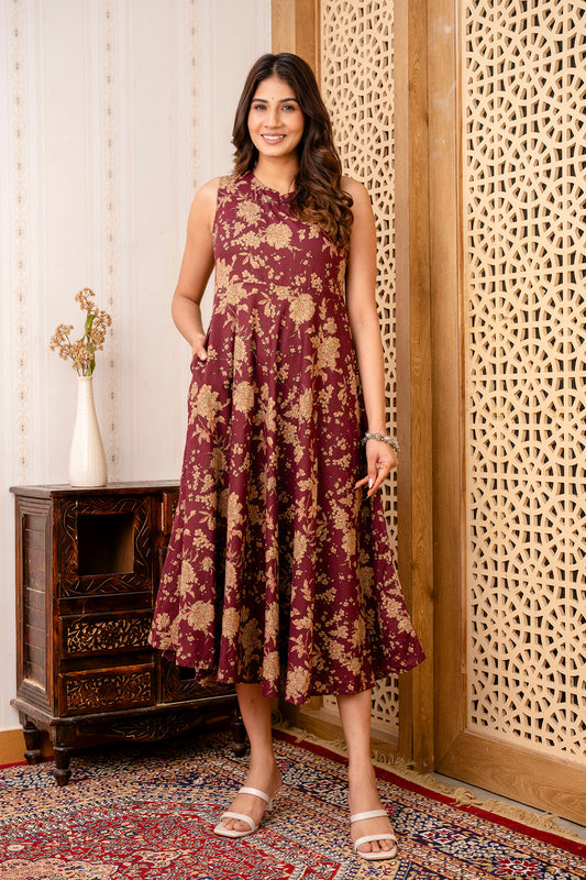 Burgundy Ethnic Printed Flared Sleeveless Dress | LASVINI - Redefining Indian Fashion with Elegance
