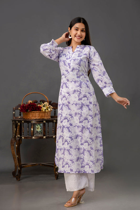 Purple Printed Straight Kurta With Three Quarter Sleeves | LASVINI - Redefining Indian Fashion with Elegance