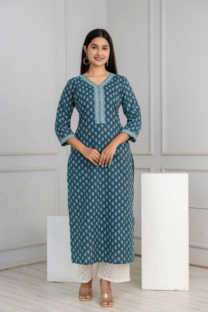 Green Printed Straight Kurta With Three Quarter Sleeves | LASVINI - Redefining Indian Fashion with Elegance