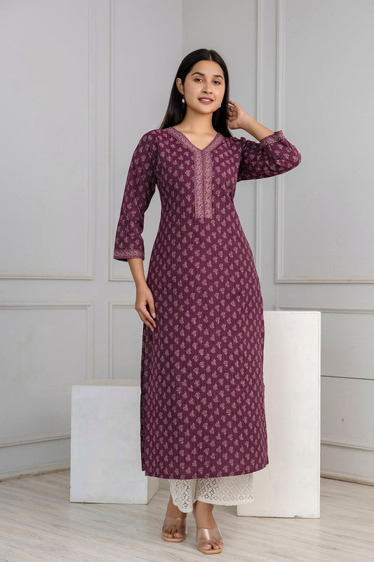 Burgundy Printed Straight Kurta With Three Quarter Sleeves | LASVINI - Redefining Indian Fashion with Elegance