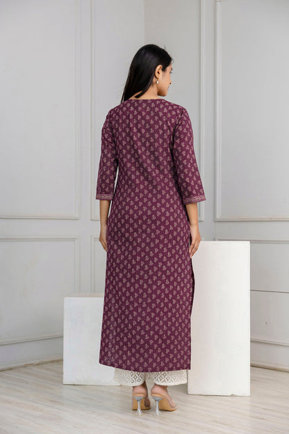 Burgundy Printed Straight Kurta With Three Quarter Sleeves | LASVINI - Redefining Indian Fashion with Elegance