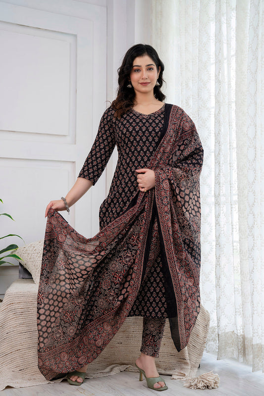 Black Printed Straight Kurta and Trouser With Dupatta | LASVINI - Redefining Indian Fashion with Elegance