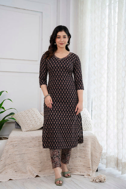 Black Printed Straight Kurta and Trouser With Dupatta | LASVINI - Redefining Indian Fashion with Elegance