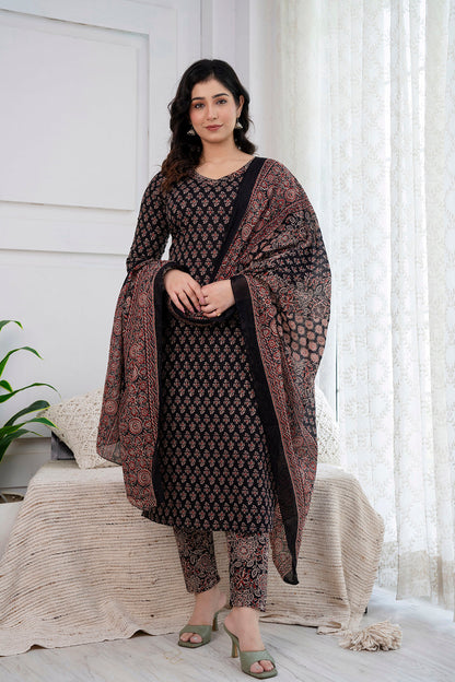 Black Printed Straight Kurta and Trouser With Dupatta | LASVINI - Redefining Indian Fashion with Elegance