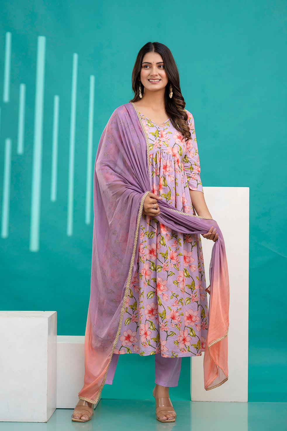 Lavender Printed Anarkali Kurta Set With Dupatta For Women | LASVINI - Redefining Indian Fashion with Elegance