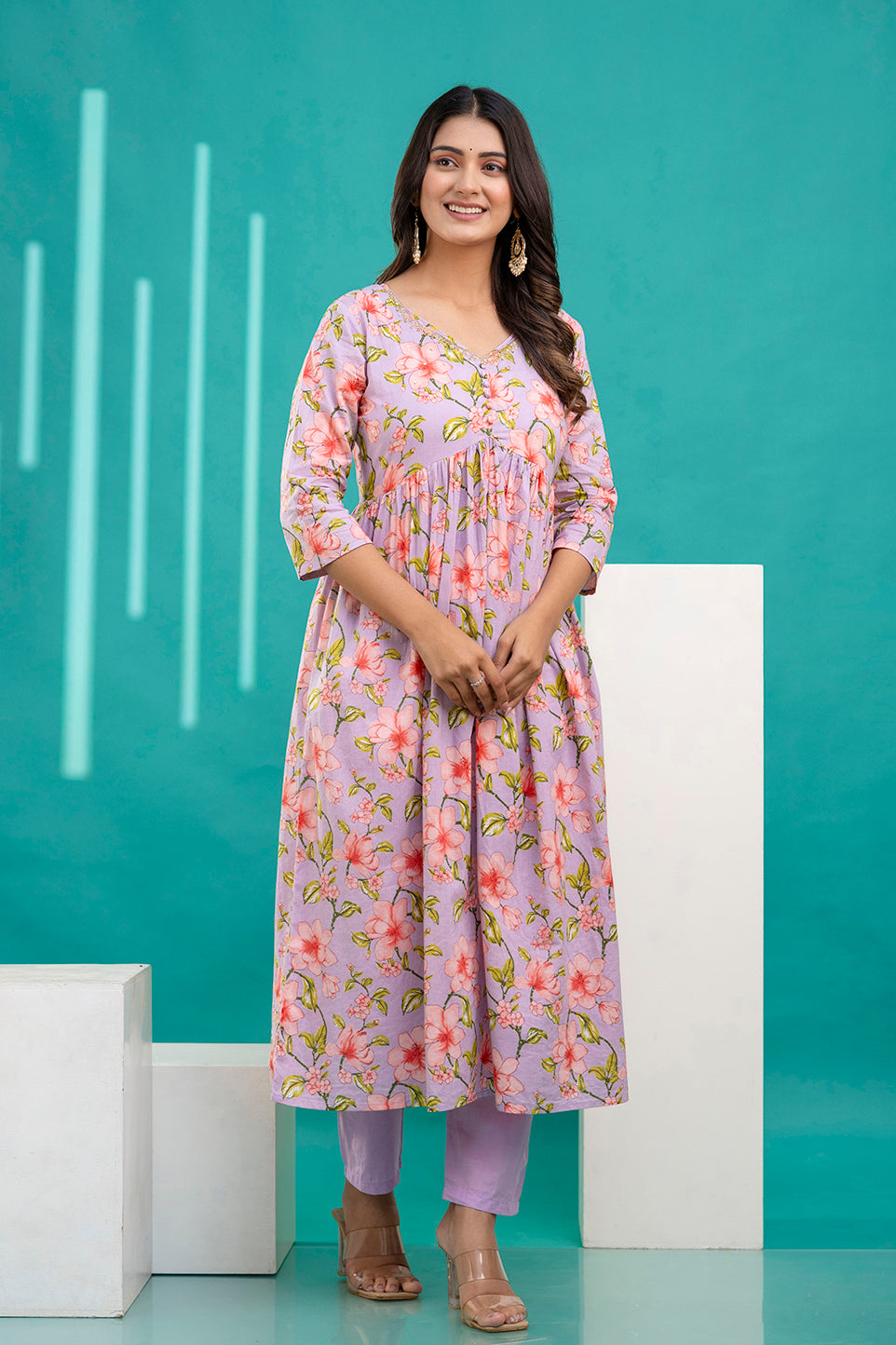 Lavender Printed Anarkali Kurta Set With Dupatta For Women | LASVINI - Redefining Indian Fashion with Elegance
