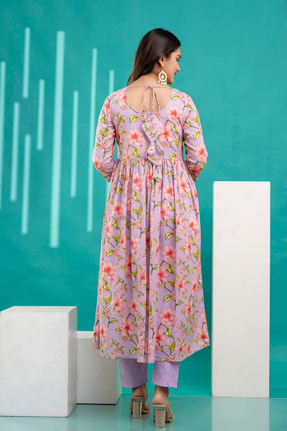 Lavender Printed Anarkali Kurta Set With Dupatta For Women | LASVINI - Redefining Indian Fashion with Elegance
