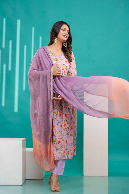 Lavender Printed Anarkali Kurta Set With Dupatta For Women | LASVINI - Redefining Indian Fashion with Elegance